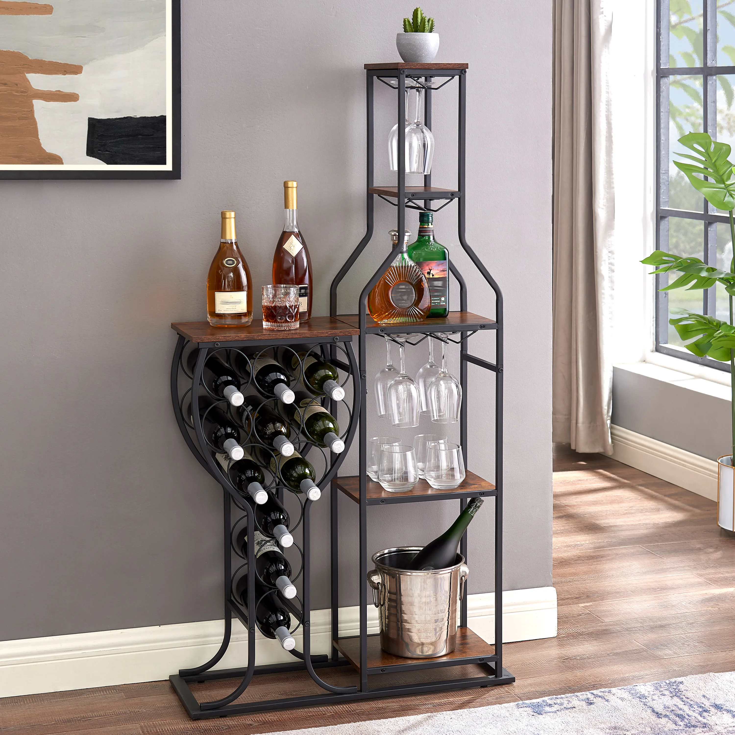 11 Bottle Wine Bakers Rack, 5 Tier Freestanding Wine Rack Hanging Glass Holder and Storage Shelves for Kitchen, Dining Room