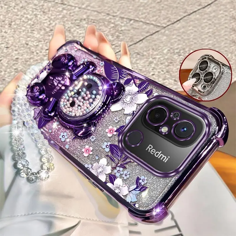 Elegant Purple Floral Plating Phone Case with Stand and Lanyard Attachment