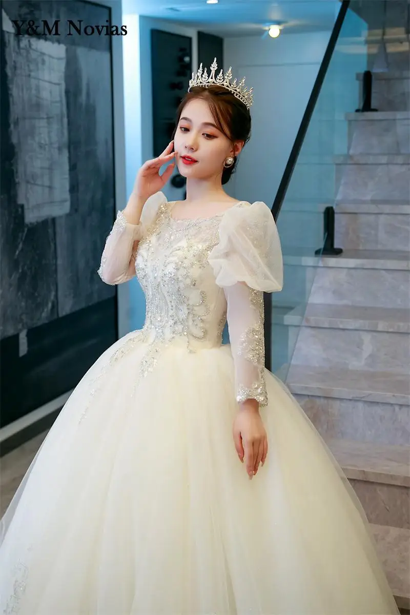 Y&M Novias Shiny Glitter Flower Wedding Dress New Style Bride Plus Size Flower Wedding Dresses Dreamy Full-sleeve Bridal Lace Up