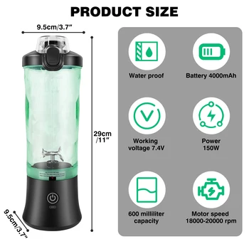 600ml Portable Mini Blender,USB Rechargeable Small Smoothie Blender,Large Capacity Travel Blender Portable Smoothies,Blends Ice 2
