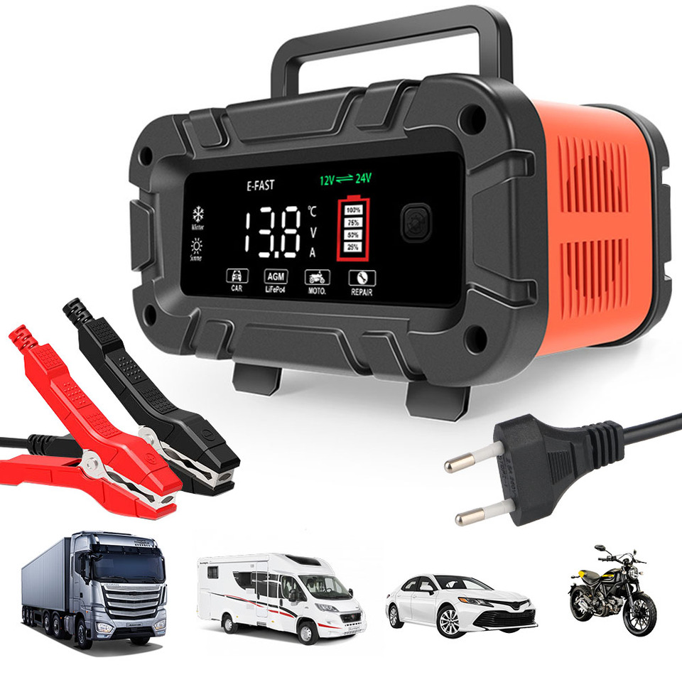 LED Display Smart Car Battery Charger 10A High Power Motorcycle SUV Truck Multifunctional 12V 24V Pulse Repair Battery Charging