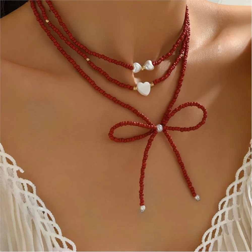 Multilayer Dopamine Bowknot Starfish Summer Stylish Beads Chain Necklace for Women Sweet Vocation Beach Jewelry Gifts