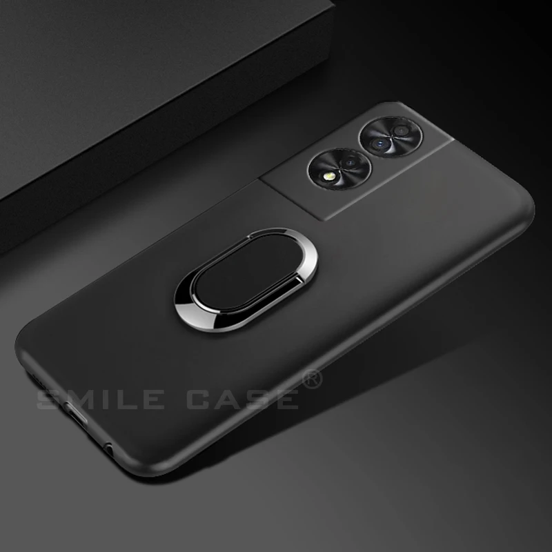 Black Classic 360° Rotating Finger Ring Silicone Case for 6.78 Inch Smartphones