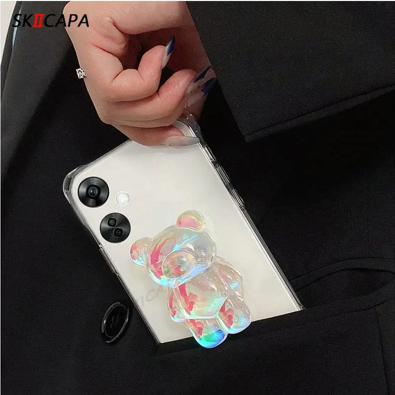 3D Laser Bear Holder Clear Cover with Wrist Chain Silicone Case