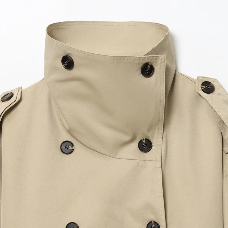 Damen Trenchcoat Khaki Kurz Stehkragen Doppelreihig Langarm Jacke 2026 Frühling Herbst Neu Damen Casual Street Oberbekleidung – Detail 5