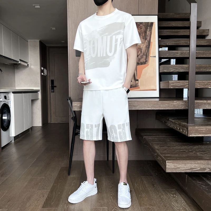 남성용 레터 프린팅 풀오버 반팔 라운드넥 티셔츠, 하이웨이스트 포켓 반바지, 영국 스타일 세트, 여름 의류