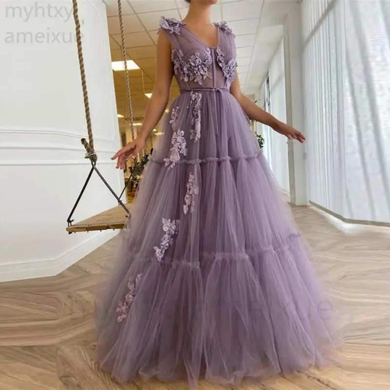 

Sexy Elegant Lavender Tiered Tulle Long Prom Dresses A Line Fitted Boning 3d Flowers Floor Length Evening Gowns Robe De Soiree