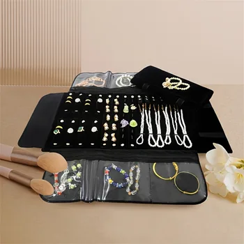 Borsa portaoggetti portatile in rotolo di gioielli in PVC Custodia per anelli Collana con ciondolo Collana pieghevole Organizzatore da viaggio Orecchini Custodia con cerniera