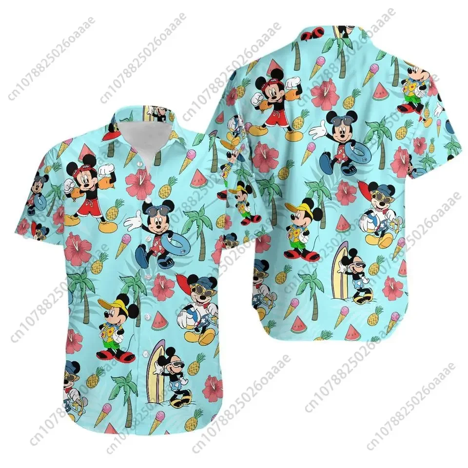 

New Disney Mickey Firefighter Hawaiian Shirt Men's Women's Casual Short Sleeve Button Up Shirts Disney Kids Hawaii Beach Shirts