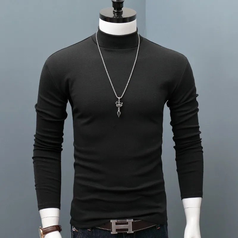 2023 Winter Warm Men Mock Neck Basic Plain T-shirt Blouse Pullover Long Sleeve Top Fashion Male Outwear Slim Fit Stretch Sweater