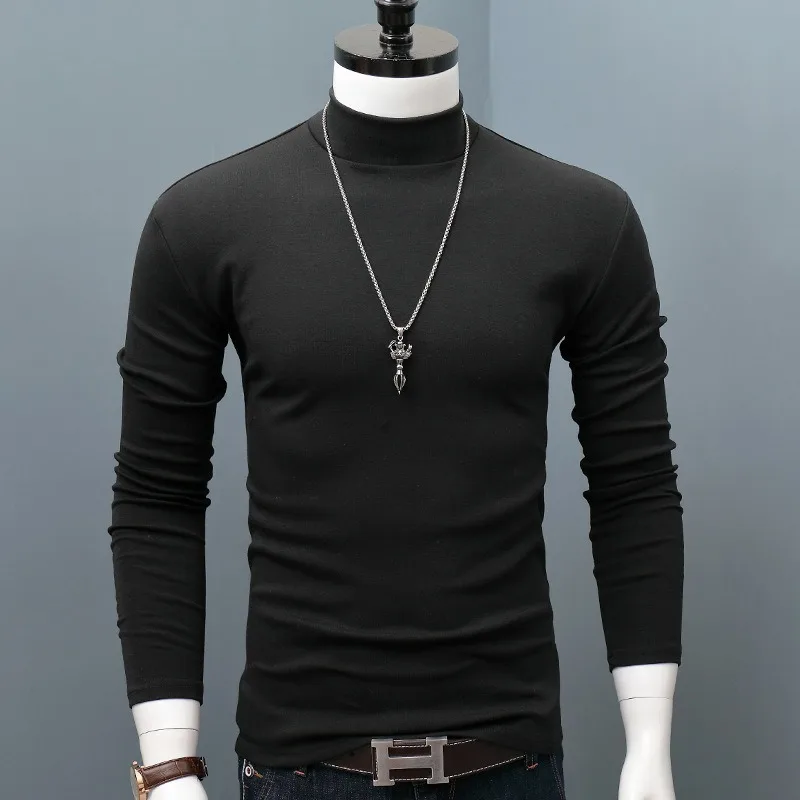 

2023 Winter Warm Men Mock Neck Basic Plain T-shirt Blouse Pullover Long Sleeve Top Fashion Male Outwear Slim Fit Stretch Sweater