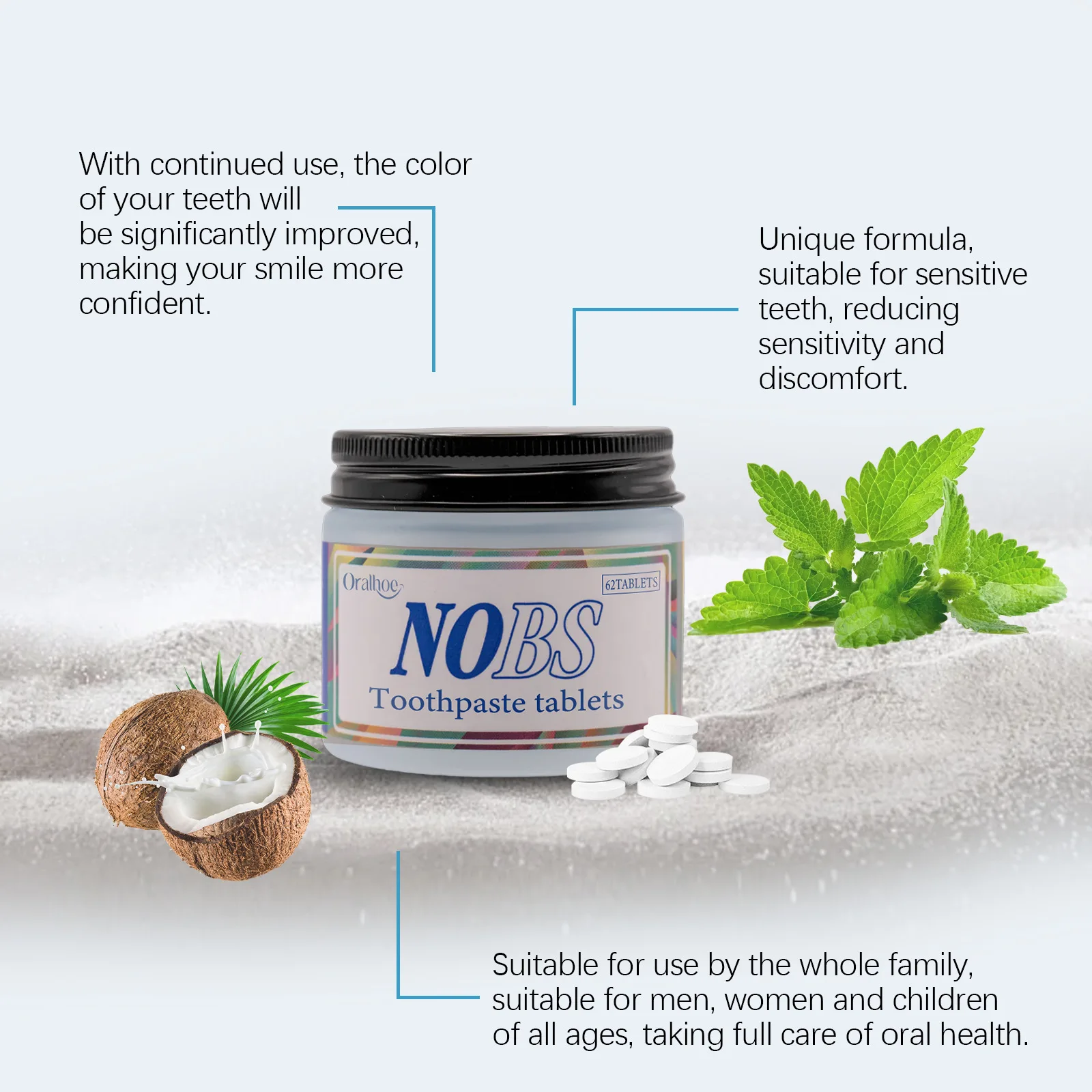 NOBS Toothpaste Tablets Nano Hydroxyapatite Flouride Free Eco & Travel Friendly Remineralize with NHA 1 Month tooth powder,teeth health product