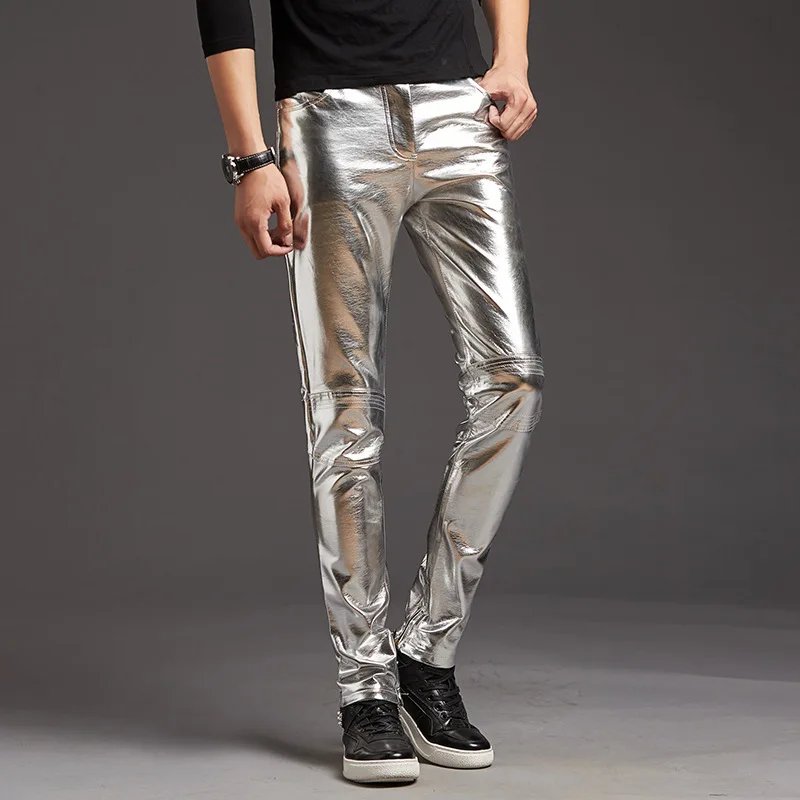 Pantalones ajustados de piel sintética para hombre, pantalón informal brillante, dorado, negro, para club cantantes bailarinas| | - AliExpress