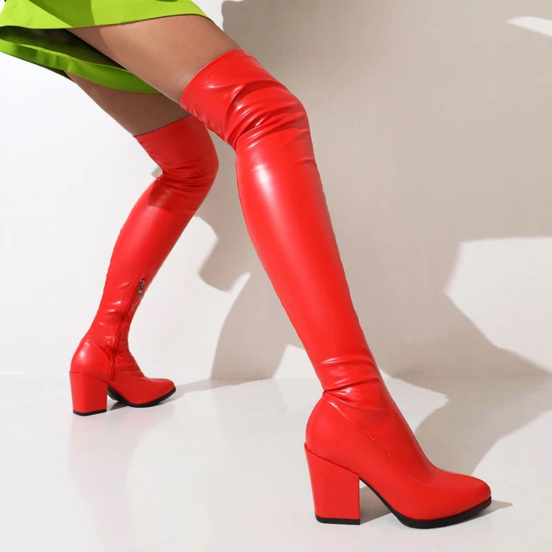 Glossy Skinny Side Zipper Slip-On Boots Pointed Toe High Chunky Heel Plush Lining Winter Women's Over The Knee Boots Fashion
