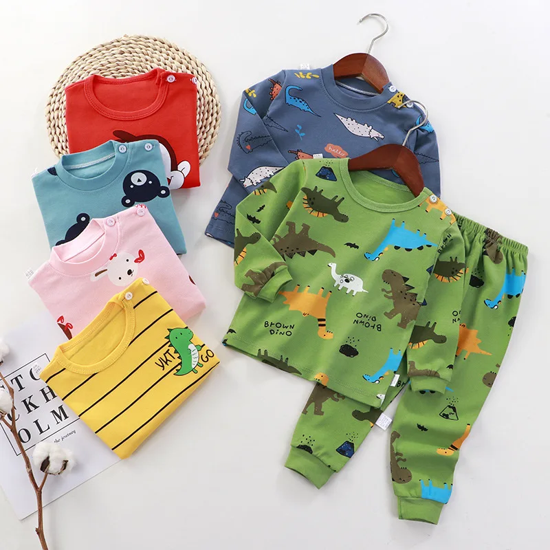 

2023 Autumn Girls Boys Cute Print Cartoon Pajamas Baby Kids Children Sleepping Suit Two Pieces Set