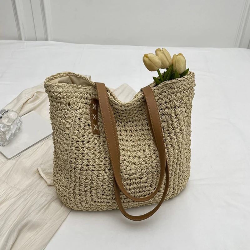 Simple and Large-capacity Straw Woven Bag Fashion Summer Beach Women's Shoulder Bag Trendy Zipper Handbags for Girls