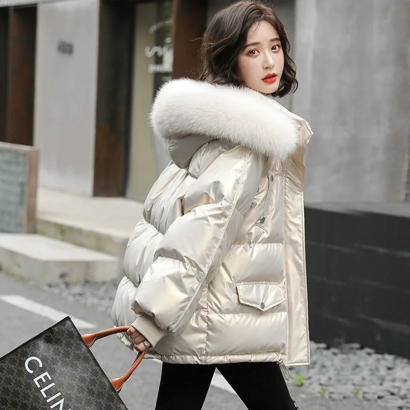 2023 New Women Down Bread Jacket Winter Coat Female Short Parkas Loose Thick Glossy Outwear Artificial Fur Collar Overcoat