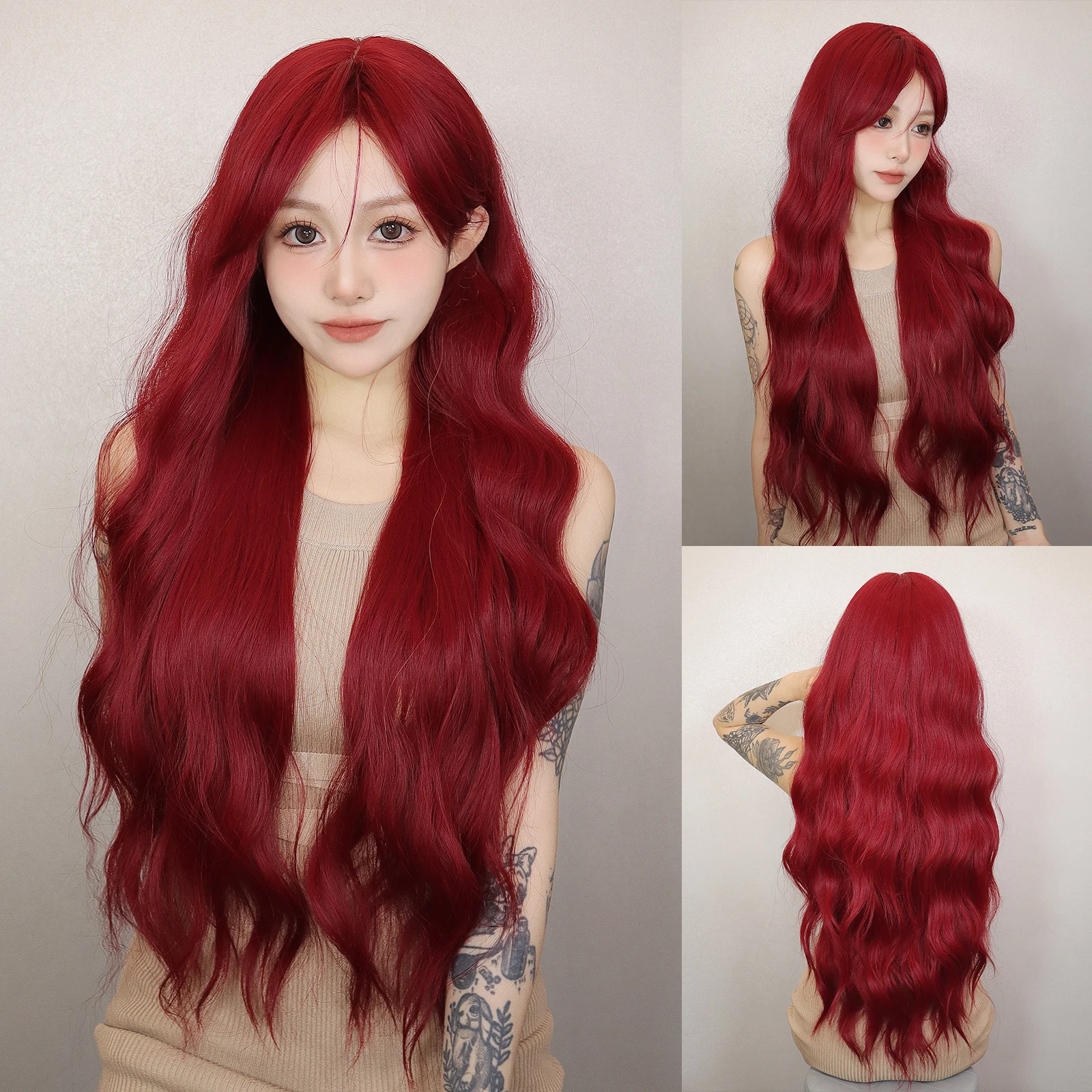 

Dark Red Wavy Long Wig with Bangs Cosplay Burgundy Hair Deep Wavy Curly Natural Fluffy Synthetic Fiber Wig for Women Afro Party