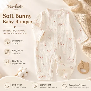 Baby Summer Romper Cotton Newborn Jumpsuit Lightweight Breathable Bunny Print Baby Onesie Long Sleeve Snap Closure Infant