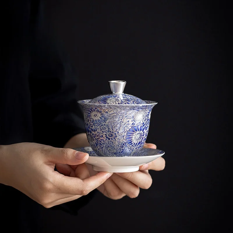 160ML Ceramics Gilded Silver Sunflower Gaiwan Handmade Household Kung Fu Tea Set Tea Bowl Cup Tureen Pot Gift Box