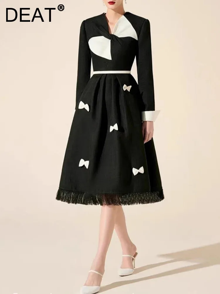 

DEAT 3D Bow Women Dress Color Block A Line High Waist Chic Style Full Sleeve V Neck Elegant Lady New 2024 Spring Cloth 15KB5978