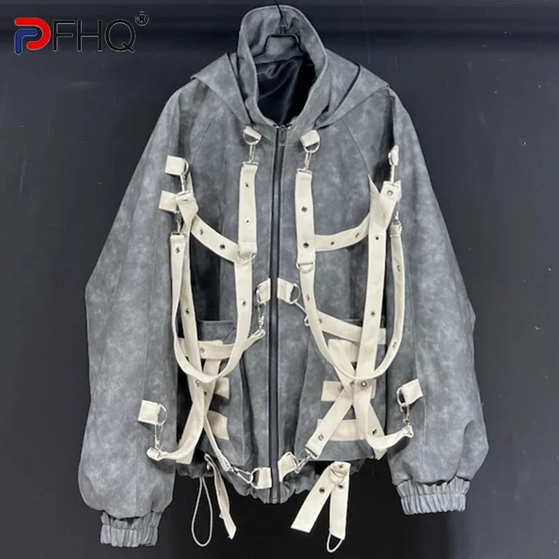

PFHQ Men's Silhouette Vintage PU Hooded Jackets Motorcycle Loose Ribbon Patchwork Thick Zipper Windcheater Autumn Winter 21Z3234