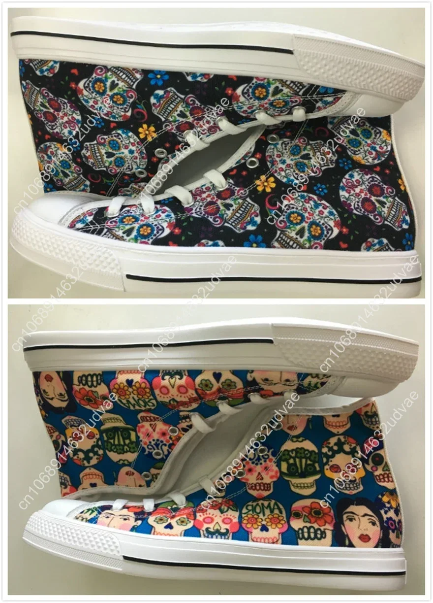 Breathable Women's Flat Sneakers Day Of The Dead Skull Girl Design Light Lace Up Vulcanized Shoes Versatile Casual Canvas Shoes