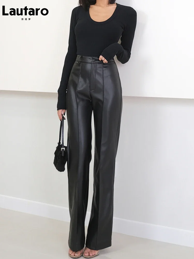 

Lautaro Spring Autumn Long Black Soft Pu Leather Pants Women with Zipper High Waist Casual Elegant Straight Leg Trousers 2022