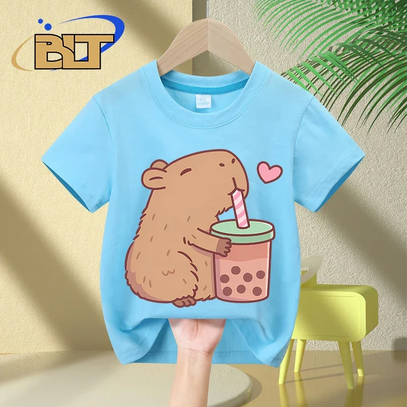 Capybara Loves Bubble Tea print kids T-Shirt summer children's pure cotton short-sleeved casual tops boys and girls gifts casual t shirt kids t shirt