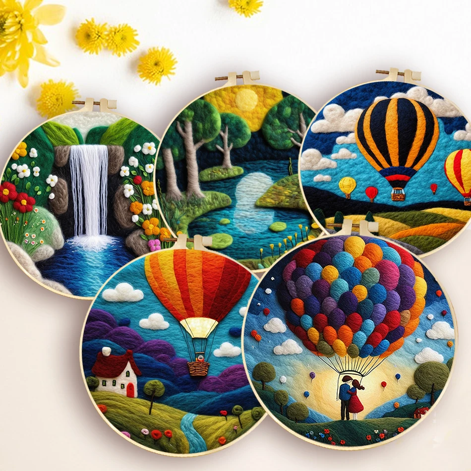 GATYZTORY DIY Wool Painting Kit With Frame Felting Needles Handmade Picture Kit Hot Air Balloon For Home Decors Crafts Gift needle felt kit,wool felting needles,needle felting wool,wool felting kit