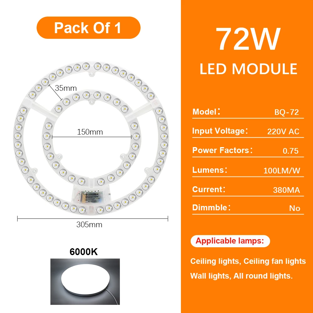 ตัวเลือกสินค้า แผง LED 220V โมดูล 72W สำหรับเพดานพัดลมไฟ