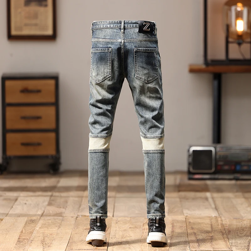 Shelf fashion street personality splicing patch biker jeans trendy casual retro stretch slim leggings men's pants