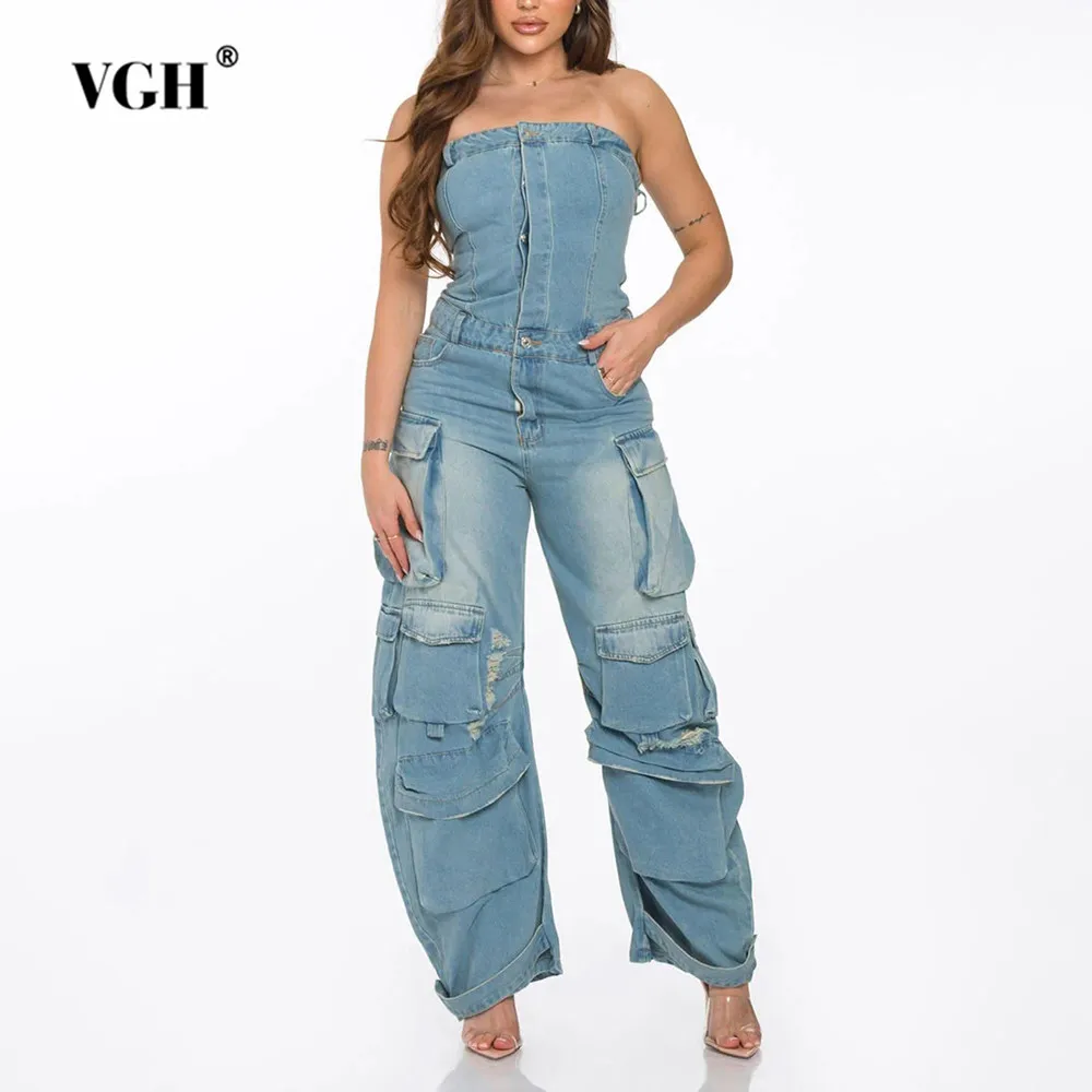 

VGH Solid Patchwork Pocket Denim Junpsuit Strapless Sleeveless High Waist Spliced Button Streetwear Wide Leg Jumpsuits Female