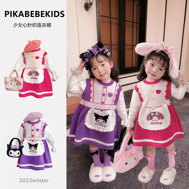 

2023 Autumn Girls' Dress Cartoon Sanrio My Melody Kuromi Knitted Dress Lorita Style Fur Dress