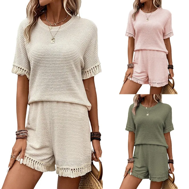Women Summer New Solid Color Simplicity Round Neck Short Sleeved Tops Elastic Waist All-match Tassels Comfortable Two Piece Set