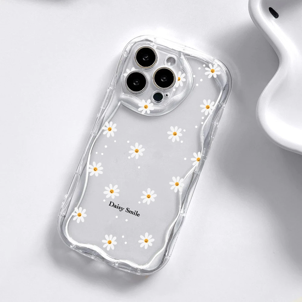 Red Cherry Daisy Clear Wave Phone Case with Small Flower Silicone Cover