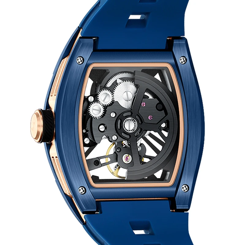 MINI FOCUS MF0603G Men Sports Automatic Watch Skeleton Barrel Mechanical Movement Silicone Strap Luminous Waterproof Watches