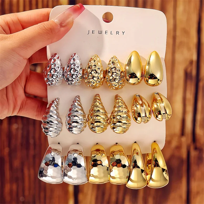 Drop Earrings Set Gold Color Twisted C Shape Tear Drop for Women Geometric Circle Jewelry Gifts