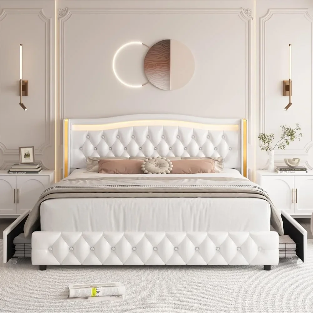 Smart LED Platform Bed Frame with 4 Storage Drawers, Crystal Button-Tufted & Stainless Gold Trim Wingback Headboard/ 3