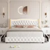 Smart LED Platform Bed Frame with 4 Storage Drawers, Crystal Button-Tufted & Stainless Gold Trim Wingback Headboard/ 3