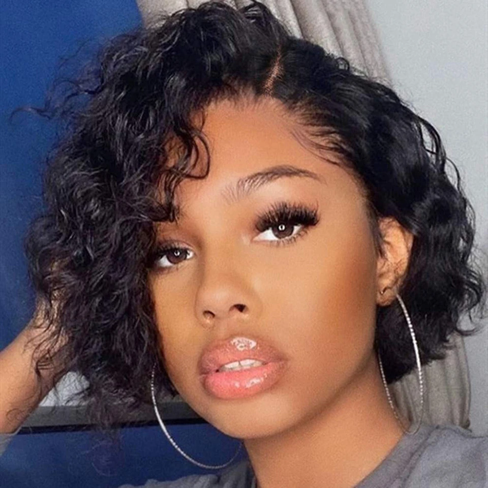Curly Human Hair Wigs Side Part Wig Short Bob Pixie Cut Wig T Part Brazilian Human Hair Deep Curly 13*1 Lace Front Wigs