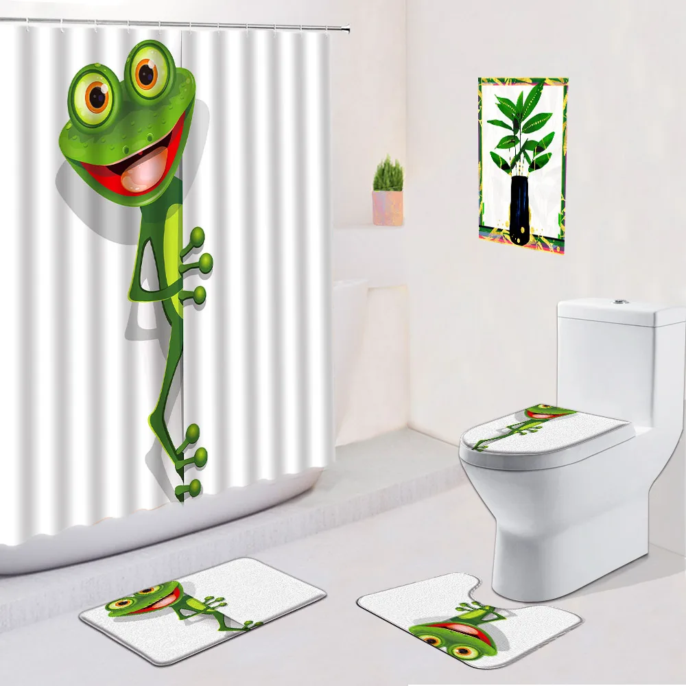 

Funny Frog 4pcs Shower Curtain Sets Cartoon Cute Animal Bath Mat Bathroom Accessories Set Anti Slip Foot Mat Rugs Toilet Cover