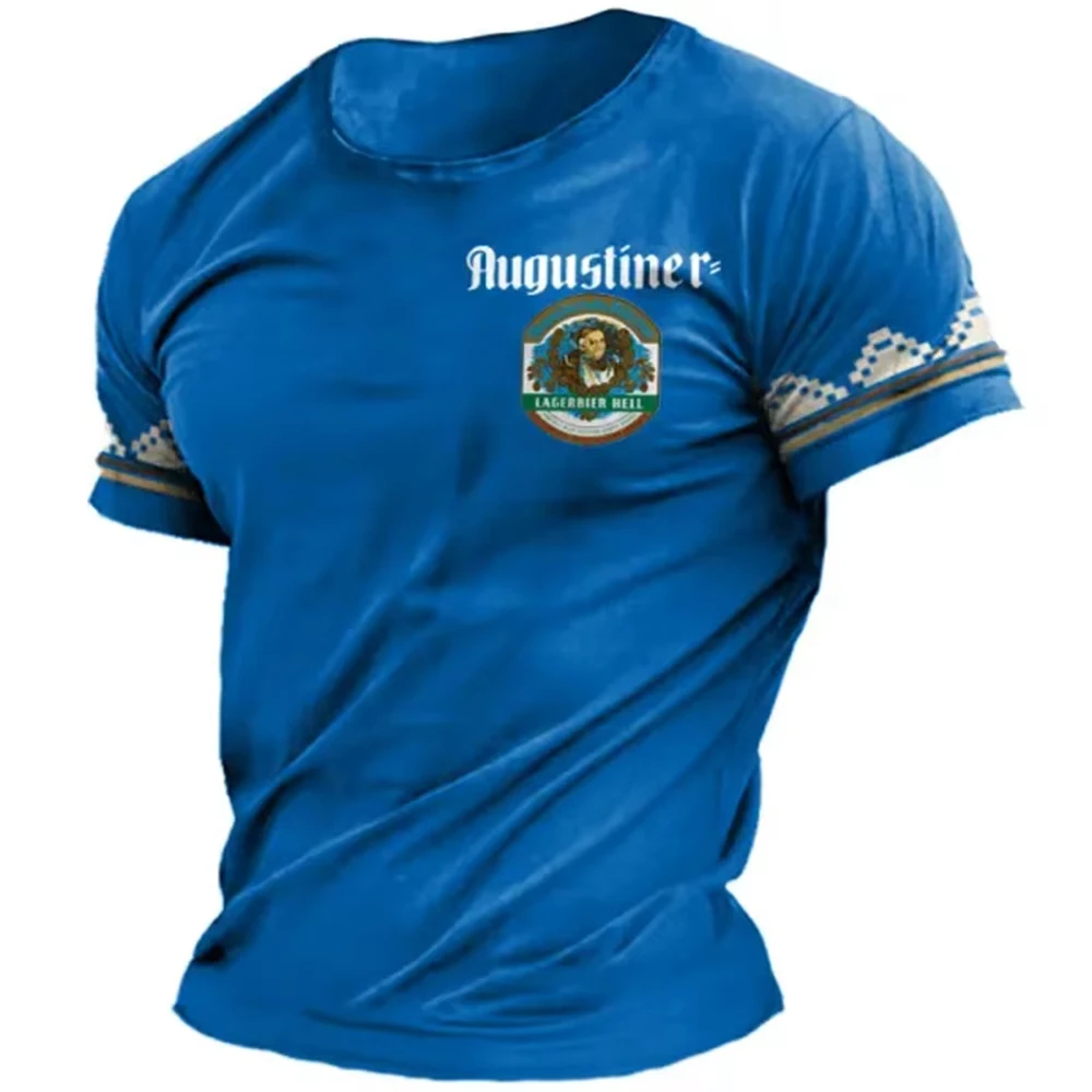 Vintage Men's Henley T-Shirt Augustiner Beer Print Long Sleeve Daily Top Casual Short Sleeve T Shirt Men Oversized Tees Pullover