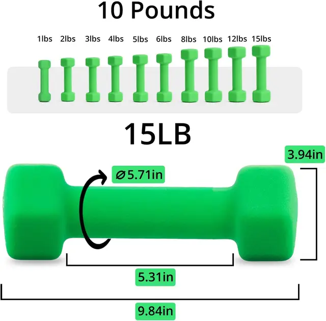 Set of 2 15 lb Dumbbells with Anti Slip Anti roll Shape (Green)