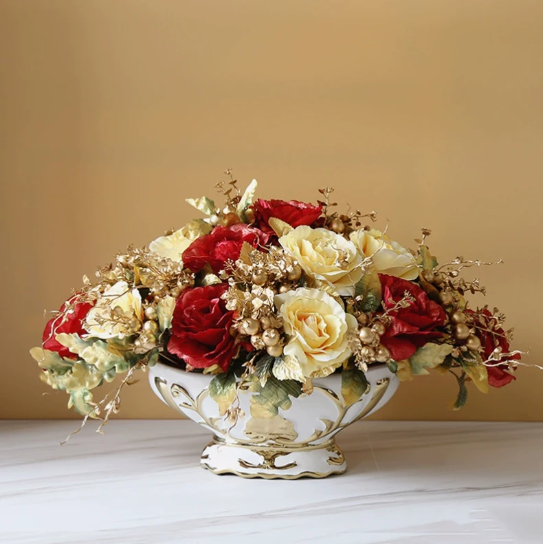 

European Ceramic Vase+Artificial Flower Fengshui Home Furnishing Decoration Crafts Coffee Table Rose Flower Arrangement Ornament