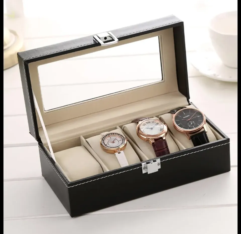 DELESYS 4 Positions PU Watch Box With Lock Household Items Storage Box For Watches Antiques Storage Box  4 Positions