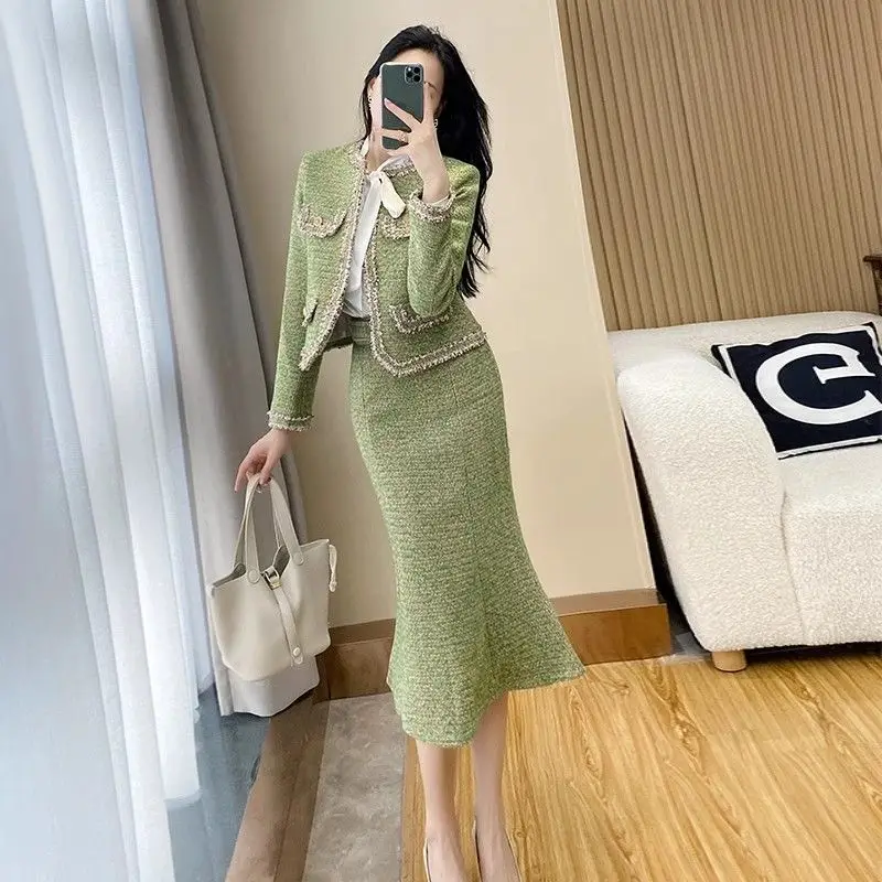 

UNXX New Tweed Skirt Set Women 2023 Autumn New Designer Inspired Outfits Elegant Mermaid Hem Hip Skirt and Jacket Two Piece Set