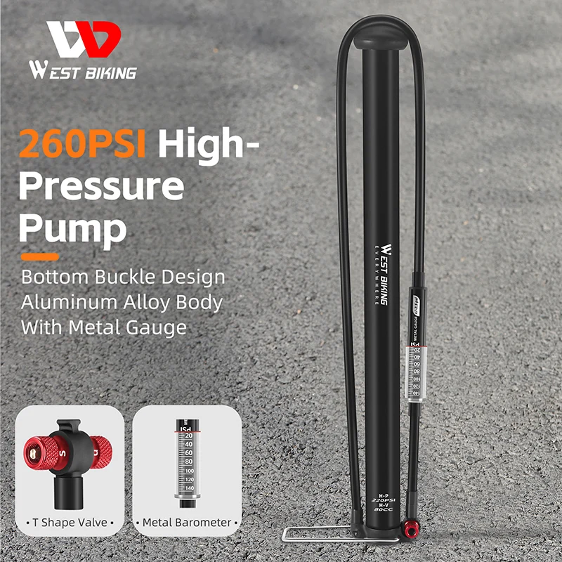 

WEST BIKING Bicycle Pump 260PSI High Pressure MTB Road Bike Foot Pump With Gauge Aluminum Alloy E-bike Motorcycle Air Inflator