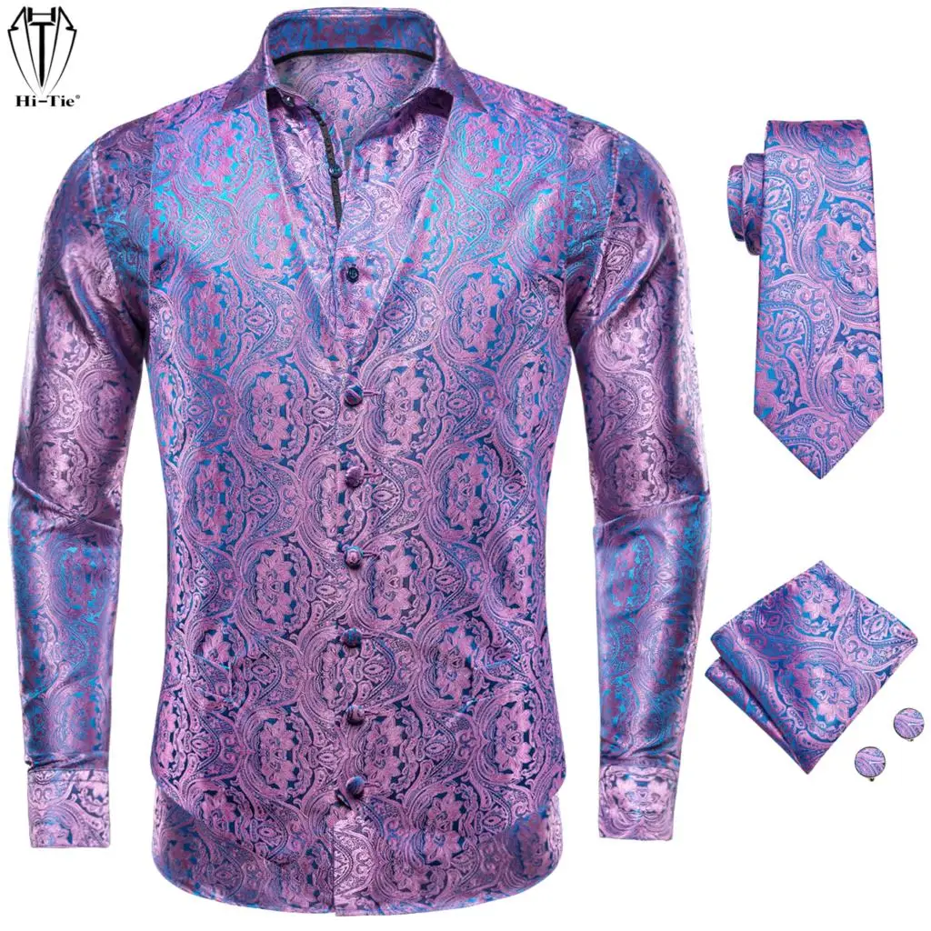 

Hi-Tie Pink Blue Silk Mens Vests Shirts Necktie Set Jacquard Paisley Shirt Waistcoat Jacket Tie Pocket Square Cufflinks for Men