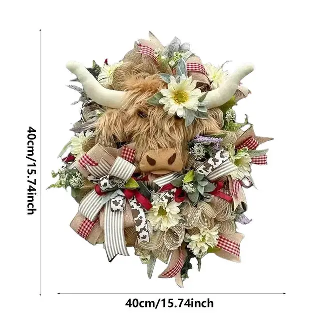 Highland Tehén Koszorú Fa Íjak A Fej Ajtó Virág Koszorúk Tavaszi Elülső Tornác Dekoráció Minden Évszakhoz Kültéri - Image 6